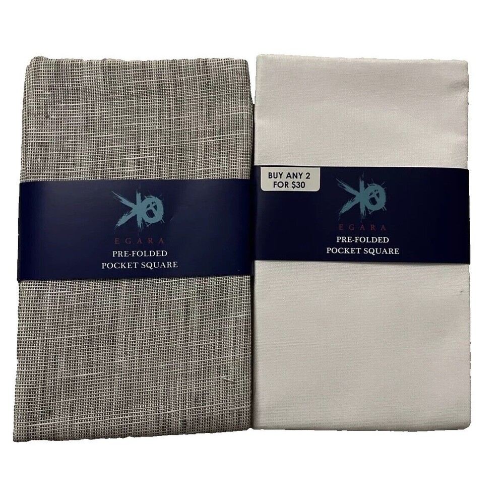 2-Pack, EGARA Pre-Folded Pocket Squares Black & White Stripes & White, Cotton